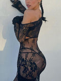 Fashion Women's Dress New One-shoulder Long Sleeve Patchwork Lace Slim Hollow Out Dresses Female Tide Summer 2023