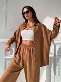 Solid Womens Tracksuit Long Sleeve Shirts And Elastic Waist Pants Lae-Up Casual 2 Piece Ladies Pants Set Button