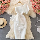 Sexy Off Shoulder Party Dress Women Summer Diagonal High Waist Irregular Ruffle Bodycon Vestidos Female Casual Red/Pink Robe