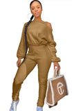 Winter Sexy Fleece Shoulder Slope Long Sleeve Top And Pant 2 Piece