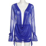 Sisterlinda Casual Sexy Mesh 2Piece Set Women Deep V-Neck Long Sleeve Backless Top+Shirring Skirt Party Clubwear Matching