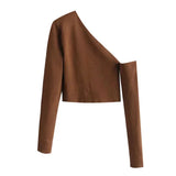 Women Fashion Hollow Out Cropped Knitted Sweater Vintage Asymmetric Neck Long Sleeve Female Pullovers Chic