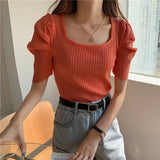 T Shirts Women Summer 2022 Solid Square Collar Short Puff Sleeve Female Tops Loose Casual Cotton Ladies