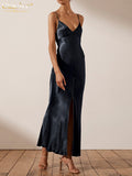 Sexy V-Neck Strap Satin Midi Dresses Fashion Sleeveless Backless Women'S Dress Vintage Solid Buttons Party Robe