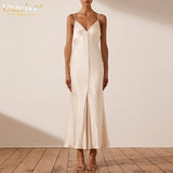 Sexy V-Neck Strap Satin Midi Dresses Fashion Sleeveless Backless Women'S Dress Vintage Solid Buttons Party Robe