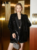 Women Black Sequins Shining Big Size Blazer New Lapel Long Sleeve Loose Fit Jacket Fashion Spring Autumn 2023