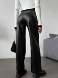 Toloer Women's Fall / Winter 2024 High-Waisted Leather Patchwork Trousers For Women's Casual Pants Leather Pants-Outfit