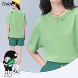 Women T-shirts 2022 Summer Short Sleeve O Neck Loose Tees Cartoon Pattern Pure Cotton Casual Chic