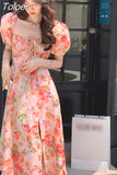 Summer Printed Dress French Retro Square Neck Floral Dress Female 2023 Summer New Puff Sleeve Long