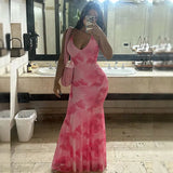 Toloer Women's Summer New Fashion Print Open Back Hanging Neck Strap Slim Fishtail Dress Long Skirt Woman-Outfit