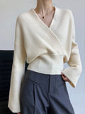 Women's Cross V-neck Wrap Knit Sweater Short Elastic Waist Long Sleeve