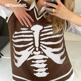 Harajuku V Neck Vintage Oversized Sweater Women Autumn Sleeveless Brown Knitted Vest Top Casual Y2K Aesthetic