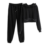 two piece set with hood solid color short tops and long pants loose 2 piece set women fashion sexy sport female