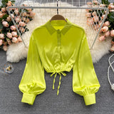Women Korean Satin Blouse Turndown-Collar Puff Sleeve Single Breasted Slim Top Autumn Fashion Streetwear Short