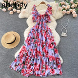 Elegant Women Floral Print Summer Dress Sexy Spaghetti Strap 2022 Sleeveless Backless Maxi Long Beach Holiday