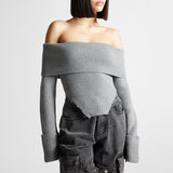 Toloer 2024 New Fashion Temperament One Word Shoulder Slim Slim Long-Sleeved Sweater Women's Solid Color Back Sweater-Outfit