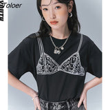 Women T-shirts 2022 Summer Short Sleeve O Neck Loose Tees Corset Pattern Black Casual Chic