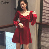 Sleeve Dress Women Square-collar Bow Elegant Backless Mini A-line Velvet-fabric Fashion Retro Womens Vestidos Chic