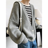 Women's Big V Neck Oversize Ruched Knitted Cardigan Lantern Sleeve Loose Sweater