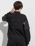 Women Big Size Black Pu Leather Spliced Pocket T-shirt New Turtleneck Long Sleeve Fashion Tide Spring Autumn 2023