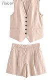 MODA 2023 Summer Women 2 Piece Sets Vintage Single Breasted V Neck Waistcoat Vest + Slim Zipper Fly Shorts Female Chic