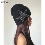 y2k Star Print Diamonds Thickened Warm Beanie Caps Street Casual Earflap Pilot Hat Trend Bomber Hat Black Women