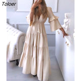 Autumn New Long Sleeve Maxi Dress Women Solid Color Sexy Casual V-Neck Long Dresses Fashion Boho High Waist Loose