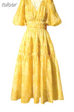 Yellow Print Dresses For Women V Neck Short Sleeve High Waist Folds Elegant Dress Female Summer Fashion Clothing