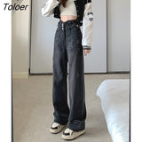 High Waist Wide Leg Jeans Women Autumn Winter Triple Breasted Loose Trousers Street Black-gray Straight Jeans Woman