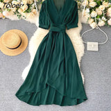 Lace-up Green Dress Women Summer 2023 Short Sleeve Ruffle Solid Woman Dress V Neck Irregular Casual Long Dresses