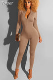 Casual Zipper Up Rompers Womens Jumpsuit Deep V Neck Full Sleeve One Piece Overall Casual Workout Skinny