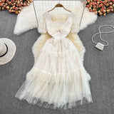 Summer Sweet Women Mesh Ruffle Party Dress Purple/Red/Beige Square Collar Short Sleeve High Waist A-Line Vestidos Female