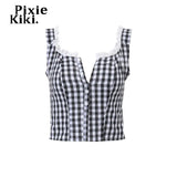 Gingham Crop Tops Summer Y2k Clothes Women Lace Trim Button Up Square Neck Backless Tank Top Cute Girls