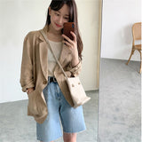 2021 Spring Summer Women's Blazer V-Neck Full Sleeve Pockets Khaki Cotton Linen Jacket Female Casual Outer Wear