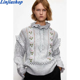 2020 Grey Oversized Woman Sweaters Embroidery Pullover Knitted Sweater Women Autumn Winter Long Sleeve Ruffle Trim