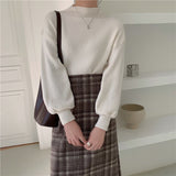 Women Autumn Winter Half Neck Sweater Tops Long Lantern Sleeve Casual Knitted Blouse Fashion Korean Elegant Office Lady