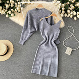 Women Sexy Knitted Two Pieces Suits Short Loose Pullover Top+Midi Camis Dress Striped Winter Streetwear Sweater