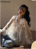 Women Shirts Chic 3D Floral White Blouses 2023 Blusas Mujer De Moda Embroidery See Throught Sexy Summer Blouse