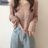 Women Knitted Hollow Out Summer Thin Fashion Loose Long Sleeve New Casual See Through Sexy Pullovers All-match