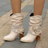 Graduation party Winter Women's Boots Fashion Put-on High Heel Ankle Boots Pointed Toe Square-Heel Buckle Women's PU Boots Zapatos De