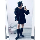 Women Khaki Big Size Mini Dress New Square Collar Long Puff Sleeve Loose Fit Fashion Tide Spring Autumn 2023