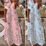 Women Maxi Dress Floral Print Lacet V Neck Party Dress Summer Loose-fitting Long Ladies Sexy Boho Dress for Party