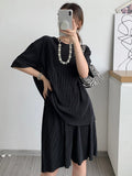 Loose Two Piece Set Womens Round Neck Short Sleeve Tops High Waist Shorts Solid Sets Female Fashion Clothing