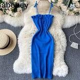 Tied Spaghetti Strap Solid Knitted Dress Women Summer Sleeveless Mini Bodycon Dress Vestidos Sexy Female