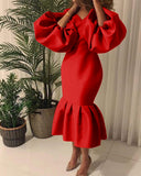 African Large-Size Women's Fashion Pure-Color V-Neck Bubble Long-Sleeved Fishtail Skirt