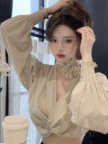 Temperament Tops Female V-neck Puff Sleeve Floral Blouse for Women Cropped Top 2023 Blusas Mujer De Moda Chic Sexy Shirts