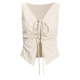 Women Bandage Irregular Drawstring Blouse New Lapel Long Sleeve Loose Fit Shirt Fashion Tide Spring Autumn 2023