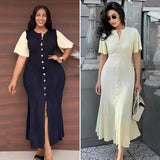 Elegant Knitted Dress Round Collar Single Buckle Horn Sleeve Fishtail Dress Medium Long