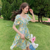 Party Puff Sleeve Floral Vintage Dress Women French High Waist Designer Beach Dress Female 2022 Women's Summer Sundresses Casual