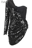 Women Bandages Dress Sexy Sequins One Shoulder Patchwork Clothes 2023 New Celebrity Party Club Mini